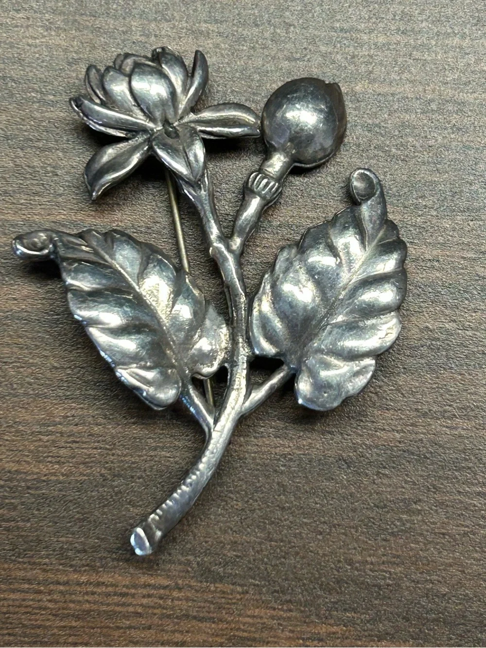 Vintage sterling silver Honolulu Ming’s Pikake flower leave brooch pin Rare